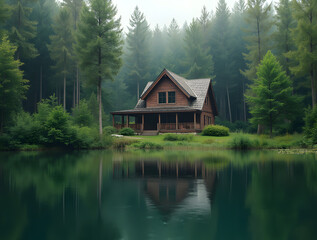 House in the forest near the lake against the background of green natural forest. Symbol of family, mortgage, real estate concept. Eco-friendly house.