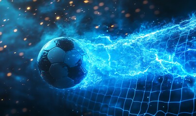 Fototapeta premium the soccer ball flying into the net with electric streaks of light and a glowing blue background