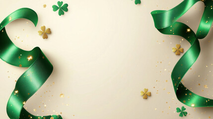 Elegant green ribbons and golden shamrocks on a light background with ample copy space, perfect for St. Patrick’s Day invitations, festive ads, or Irish-themed greeting cards.