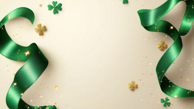 Elegant green ribbons and golden shamrocks on a light background with ample copy space, perfect for St. Patrick’s Day invitations, festive ads, or Irish-themed greeting cards. - Powered by Adobe