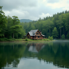 Fototapeta premium House in the forest near the lake against the background of green natural forest. Symbol of family, mortgage, real estate concept. Eco-friendly house.