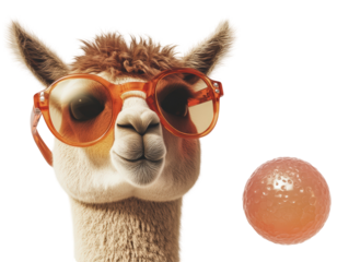 Isolated Alpaca with Orange Sunglasses and Ball