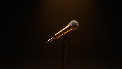 Obraz premium Golden microphone stands alone under soft spotlight in a darkened space