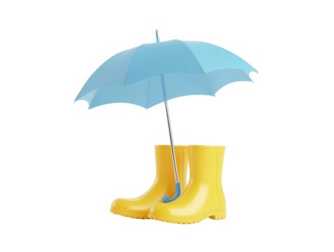 Isolated Light Blue Umbrella with Yellow Rain Boots