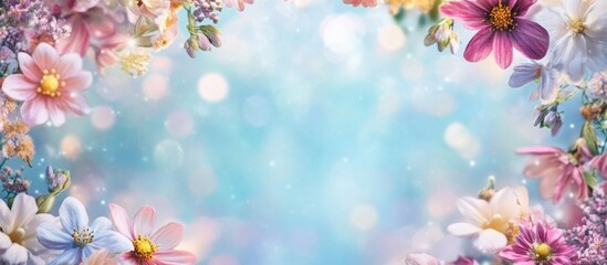 Delicate spring flowers on beautiful sparkling bokeh background with empty space for text