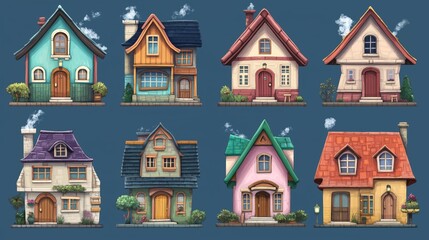 Naklejka premium Charming collection of whimsical houses with unique designs set against a vivid blue background