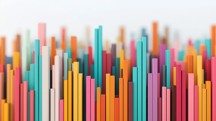 Abstract colorful vertical bars of various heights resembling a city skyline or data graph on a soft, blurred background