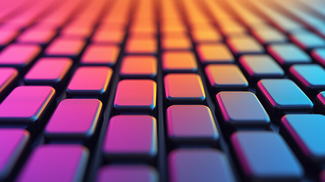 Colorful close-up of futuristic keyboard keys with a gradient of vibrant pink, orange, and blue tones, creating a digital and tech-inspired look