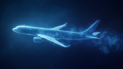 A glowing holographic airplane made of digital particles flying in a dark blue gradient background, symbolizing futuristic aviation technology