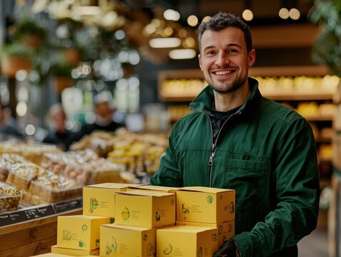 Smiling Grocer with Eco-Friendly Packaging