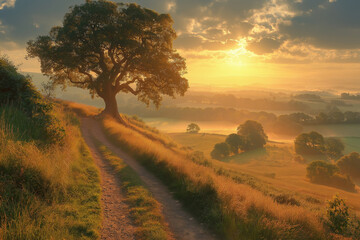 Matin brumeux d'&eacute;t&eacute; &agrave; la campagne avec lumi&egrave;re dor&eacute;e et fleurs sauvages