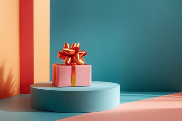 Pink gift box with orange bow on a turquoise pedestal against a colorful geometric backdrop, creating a minimalist festive scene