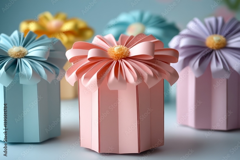 Wall mural Pastel-colored gift boxes featuring origami flower decorations add a touch of elegance to any special occasion