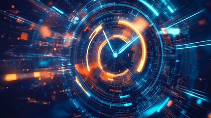 Dynamic futuristic clock interface with glowing neon blue and orange radial lines, surrounded by high-tech digital motion effects