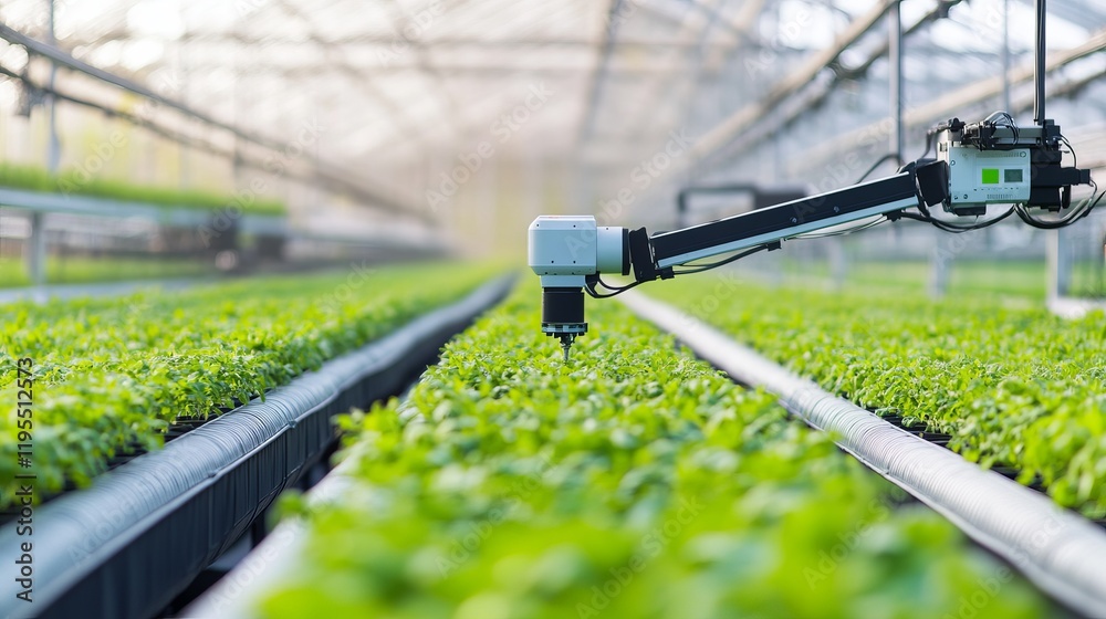 Wall mural a robot managing automated agriculture systems in a high-tech greenhouse with clean, organized rows 