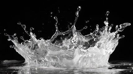 Dynamic water splashes create mesmerizing forms against a black background, showcasing frozen motion and crystal clarity in high contrast