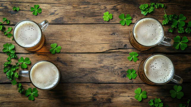 Rustic wooden table with frothy beer mugs and scattered shamrocks, perfect for St. Patrick's Day promotions, pub ads, or festive Irish-themed celebrations