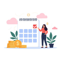 woman marks calendar for investment planning with coins and plants