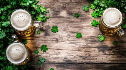 Festive St. Patrick's Day setup with beer mugs, fresh clovers, and a rustic wooden table, featuring ample copy space, perfect for social media posts, beer bar promotions and holiday designs.