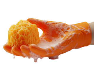 Isolated Hand Holding Foaming Sponge, Cleaning Concept