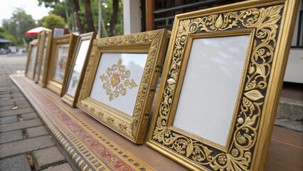 Set of Decorative vintage frames and borders set,Gold photo frame with corner Thailand line floral for picture, Vector design decoration pattern style. border design is pattern Thai art style.elegant,