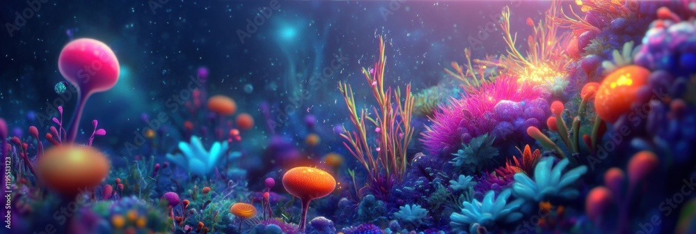 Aufkleber microscopic ecosystem flourishing with colorful friendly microbes in a vibrant underwater landscape.