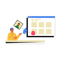 Male Creator With NFT Art And Digital Interface In Flat Vector Illustration Symbolizing Blockchain, Digital Art, And NFT Marketplace, Isolated On White Background