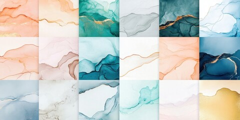 A grid of 16 unique abstract artworks features soft, fluid patterns in pastel colors like turquoise, peach, and gold, evoking a tranquil artistic atmosphere