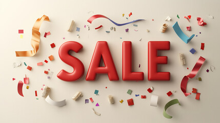 A bold red "SALE" in large 3D letters, surrounded by vibrant splashes of paint, confetti, and dynamic ribbons that swirl around it, all on a plain white background.