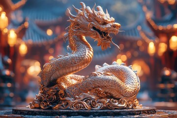 Exquisite Golden Dragon Sculpture in an Enchanted Asian Landscape with Traditional Architecture and Soft Ambient Lighting, Capturing Cultural Elegance and Mystique