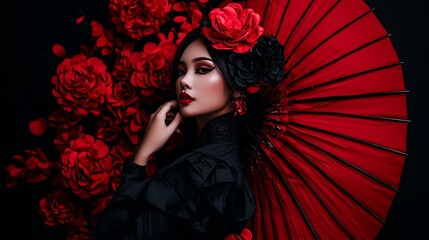 Elegant woman, red parasol, floral backdrop, studio shot, fashion