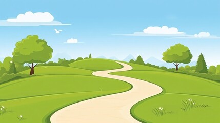 Fototapeta premium Serene Winding Road Through Green Hills Landscape Illustration