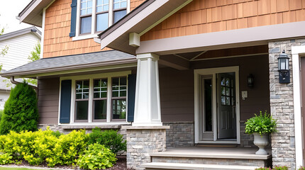 Modern House Exterior Design: Stone, Wood, and Grey Facade. Real Estate, Residential Property, Home Architecture