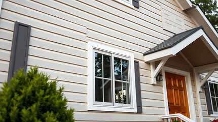 Charming House Exterior: Beige Siding, Wood Door, and Stylish Windows. Perfect for real estate listings and home design inspiration.