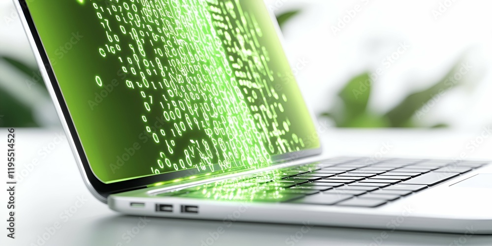 Poster laptop with glowing green binary code on the screen, symbolizing programming, data transfer, and dig