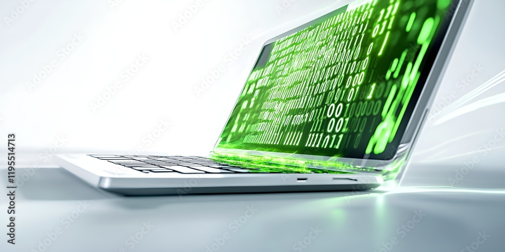 Poster laptop with a glowing green binary code display, symbolizing programming, digital data, cybersecurit