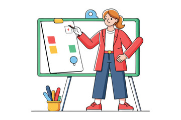 A woman brainstorming ideas on a whiteboard and wearing a red cardigan vector art illustration.eps