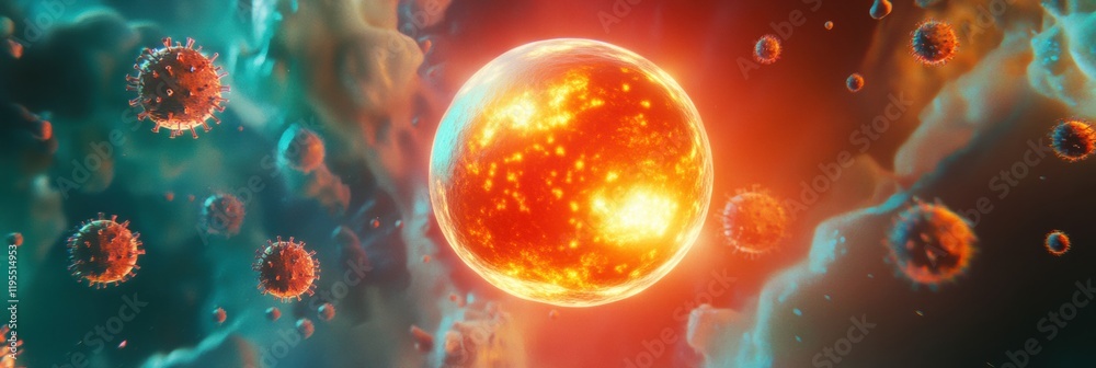 Fototapete Glowing cell under attack by numerous menacing viruses in a vivid microscopic environment. Generative AI