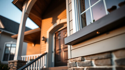 Fototapeta premium Luxury House Exterior: Modern Brick and Wood Design. Discover the beauty of this stunning home's architecture, perfect for those seeking upscale living.