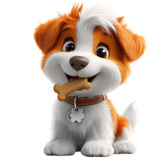 A cute cartoon puppy with orange and white fur happily holding a bone in its mouth.