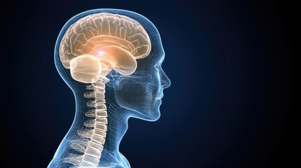 X-ray view highlights a glowing red spot at the temple area, illustrating pain within the human head anatomy on a dark blue backdrop.