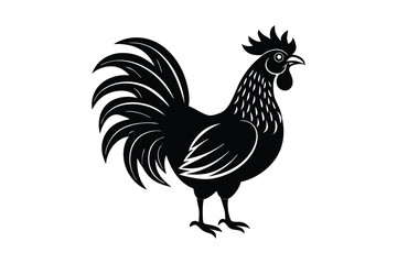 Silhouette illustration of a rooster standing on two legs with a proud and alert posture.eps