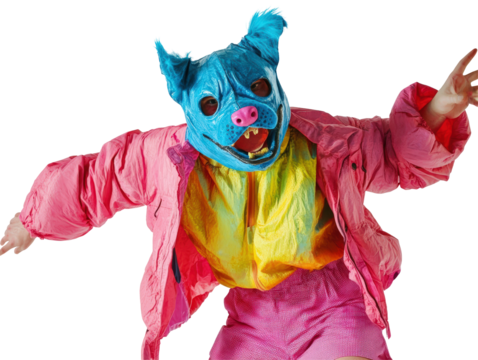 Isolated Man in Dog Mask and Colorful Outfit