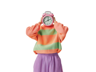 Isolated Woman with Pink Alarm Clock Head