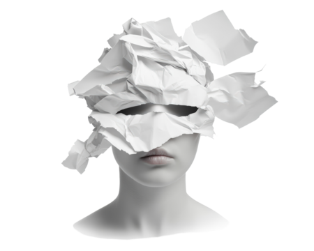 Isolated Woman's Face Covered in Crumpled Paper