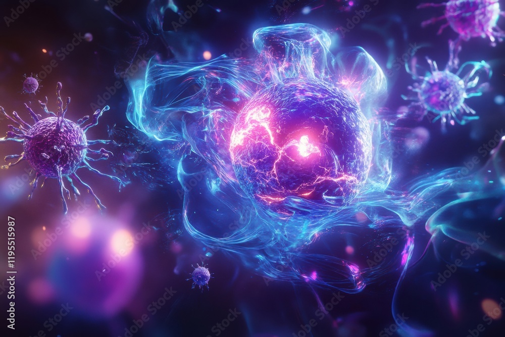Fototapete glowing cell under attack by menacing viruses in a colorful microscopic environment. generative ai