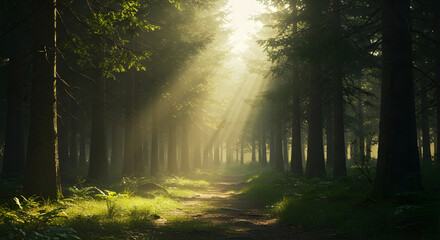 Obraz premium Sunrays through a Forest Canopy