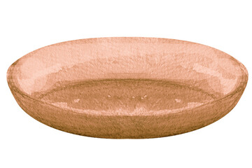 Round brown plate, watercolor illustration, hand drawn. Clay or wooden bowl