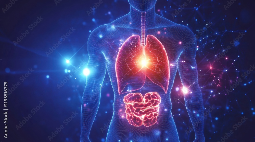 Poster glowing human torso illustrating internal organs with a striking red focal point in the abdominal re