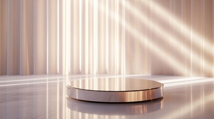 Front view of circular mirror glass podium, light reflections. Beams of light. White gold gradient. Copy space. Generative AI 